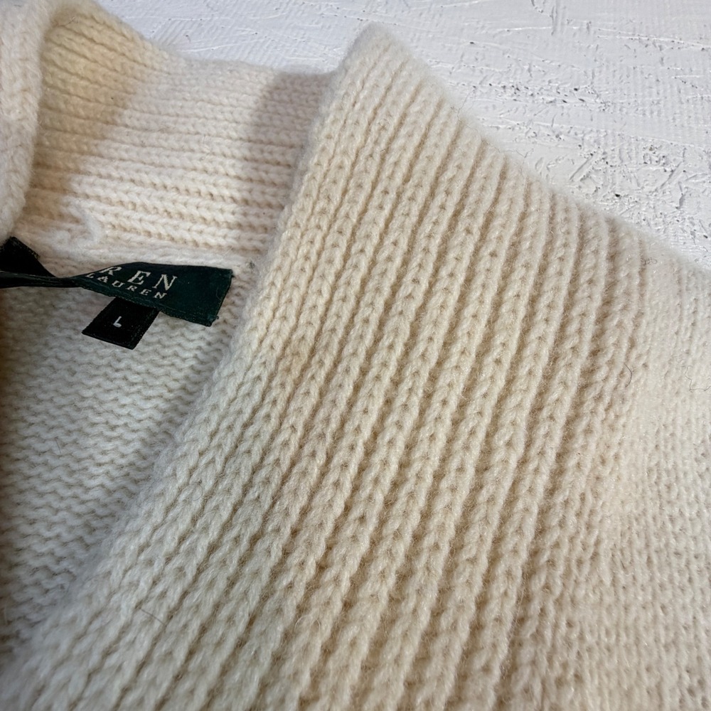 Lauren Ralph Lauren Lambswool Cable Knit Sweater Large Cream Shawl Neck Pullover - Picture 8 of 11